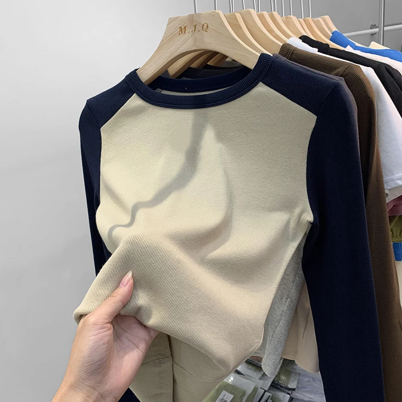 Новые футболки с длинным рукавом для женщин, Осень-зима, корейские Модные приталенные топы, женские элегантные футболки с круглым вырезом для офиса
