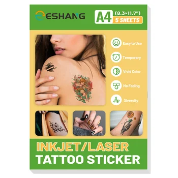 Carta per Tatuaggi Temporanei A4 per Stampanti a Getto d'Inchiostro/Laser, 5 Fogli - Perfetta per Trasferire Immagini sulla Pelle, con Disegni Vivaci