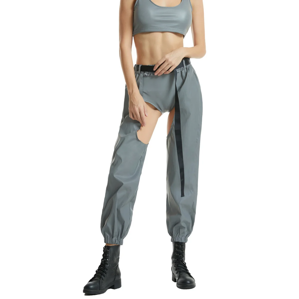 Autumn New High Waist Hollow Sexy Reflective Overalls European and American Ladies Hip-hop Rock Night Beam Pants