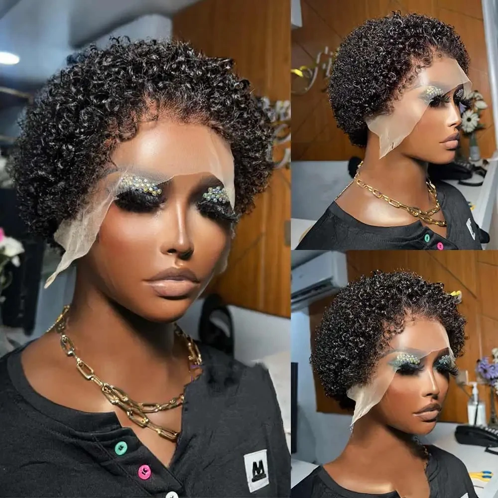 Short Wigs Human Hair Jerry Curly Human Hair Wigs 99J Pixie Cut Bob Wig Transparent 13x4 Lace Frontal With Curly Edges