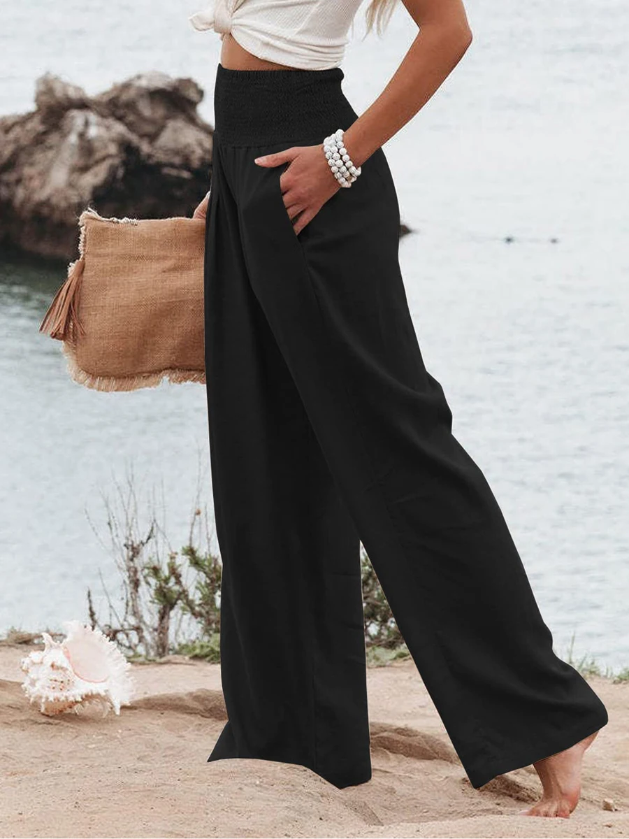 Women s Casual High Waist Wide Leg Pants with Pockets Solid Color Loose Fit Trousers for Summer Beach Vacation