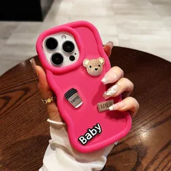 3D Bear Cute Cartoon Wavy Silicone Phone Case Cover for OPPO A3S (Rose Red)