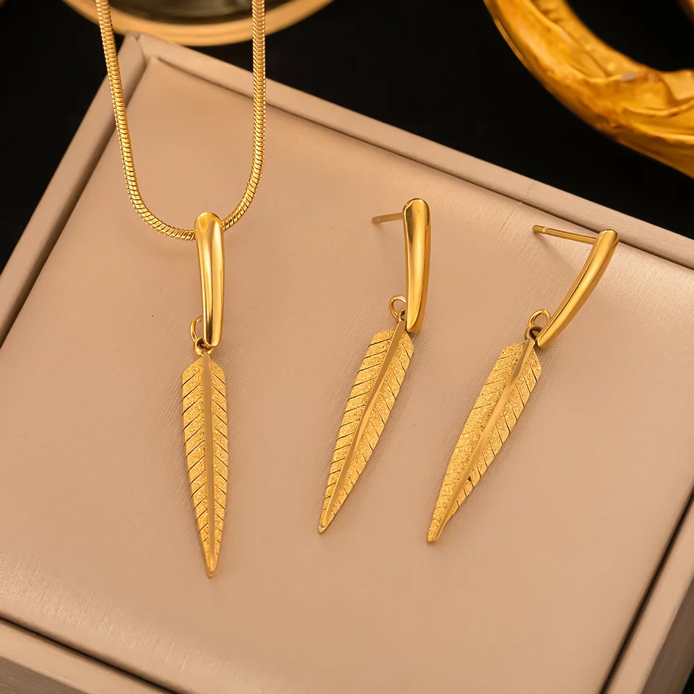 

SITA 316L Stainless Steel Gold Color Feather Leaf Pendant Necklace Earrings For Women Fashion Girls Jewelry Set Party Gift