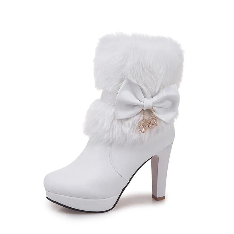 

Womens Winter Fashion 2023 High Heel Boots Pink White Black Fur Tassel Bowtie Lovely Lolita Ladies Party Wedding Shoes