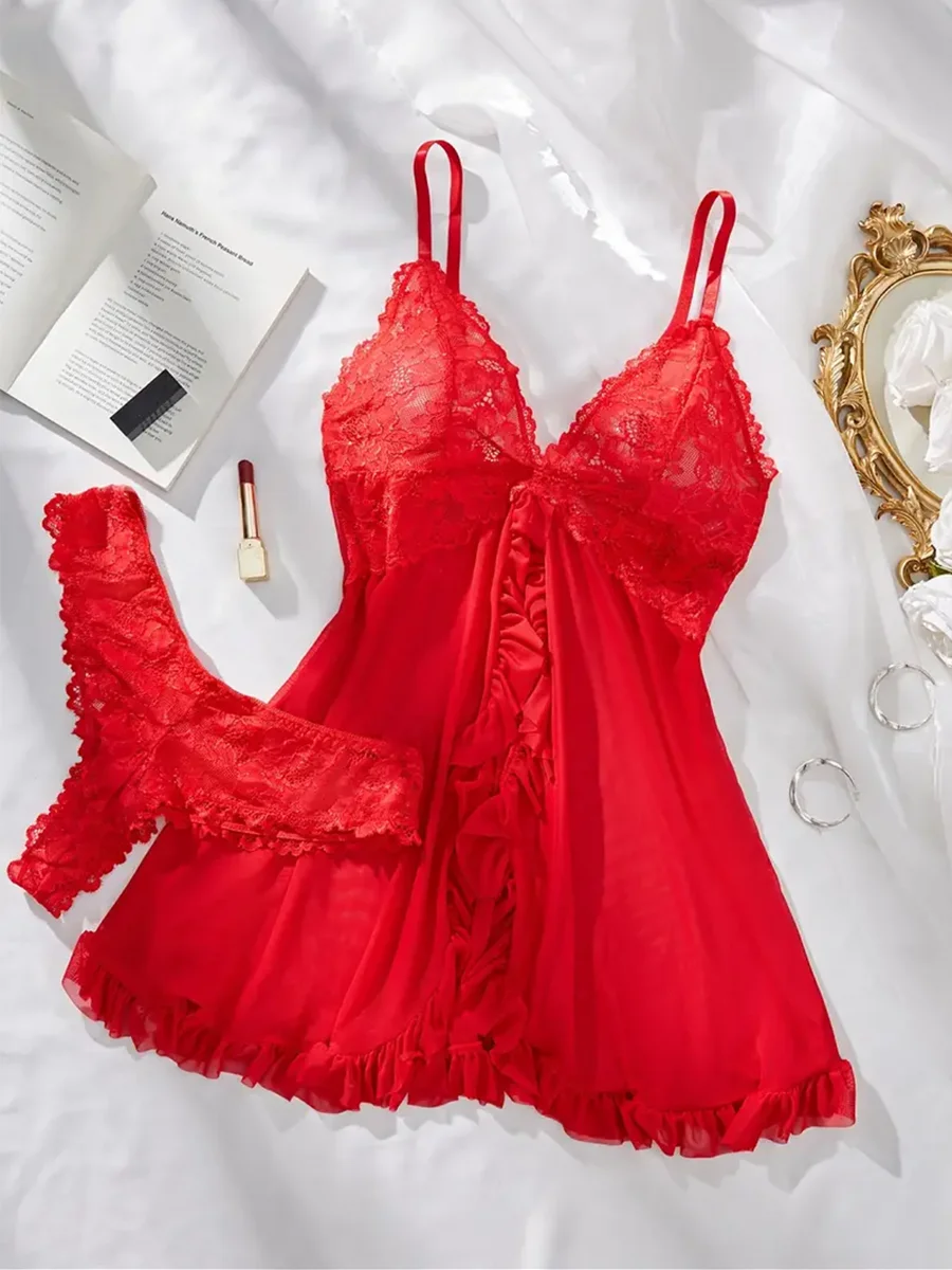 Sous-vêtements pour femmes, ensemble de Lingerie Sexy, soutien-gorge érotique, chemise de nuit, vêtements de nuit en dentelle, couleur unie, Slim, robes douces, vêtements de nuit et robes érotiques