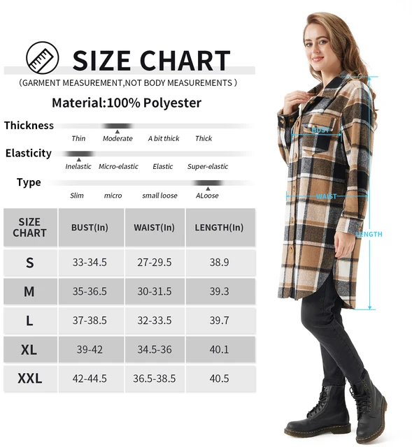 URBEST Women's Oversized Plaid Shacket - Cozy Long Sleeve Button Down Jacket with Pockets, Knee Length/Plus Size/Cropped 6