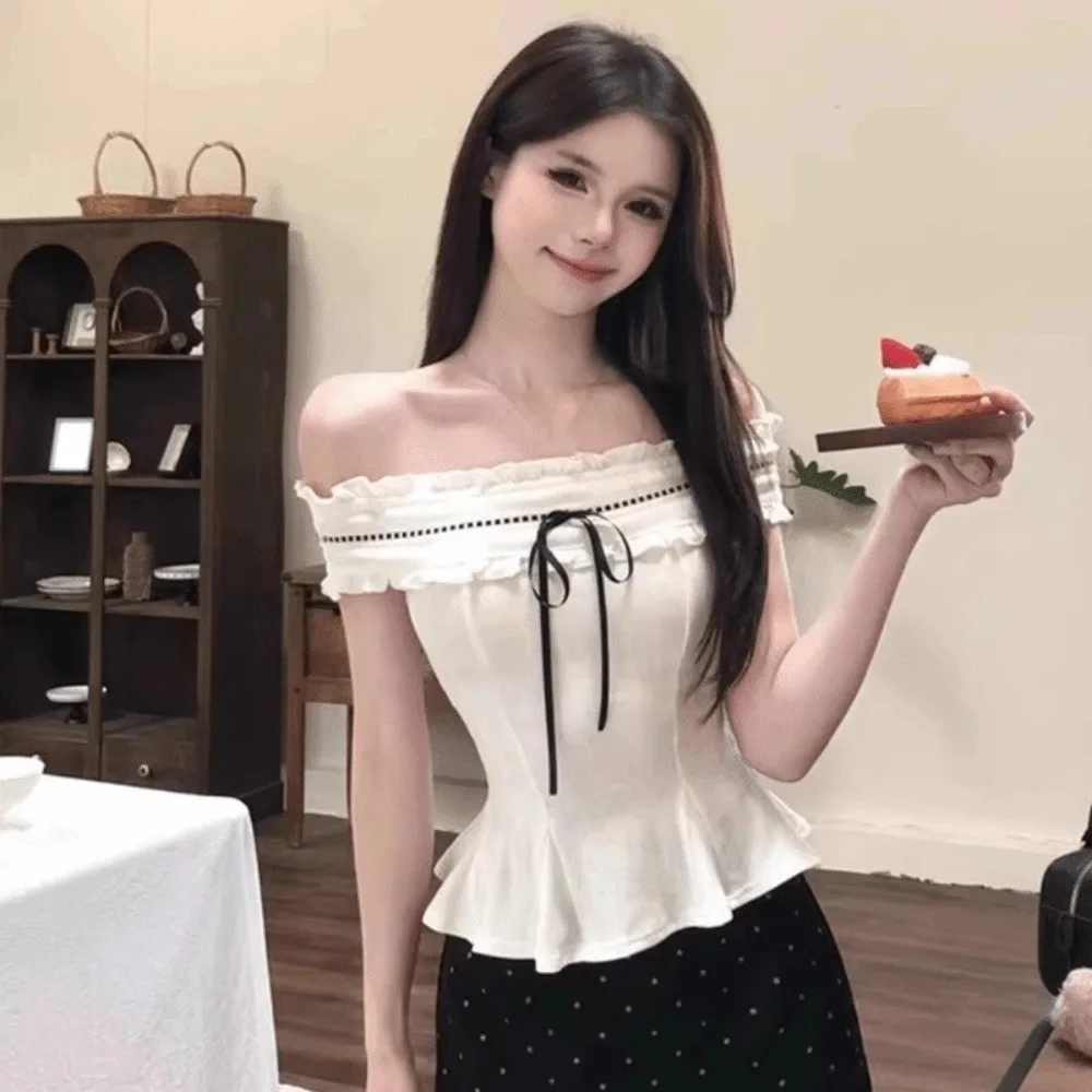 White Off-shoulder Ruffle Shirt Korean Y2K Ins Lace-up Cute Bow Ruffle Shirt Tops Pleated Collar Spicy Girl Style