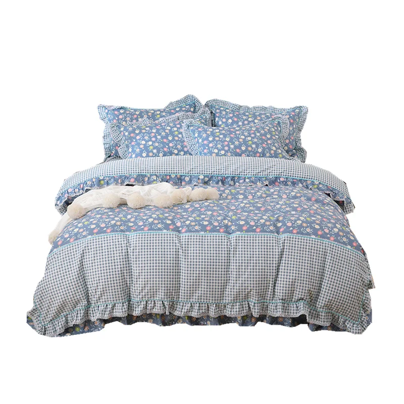 

Princess Style Ruffled Four-Piece Set All Cotton Pure Cotton Girl Heart Bare Sleeping Purple Quilt Cover Bed Sheet Bedding