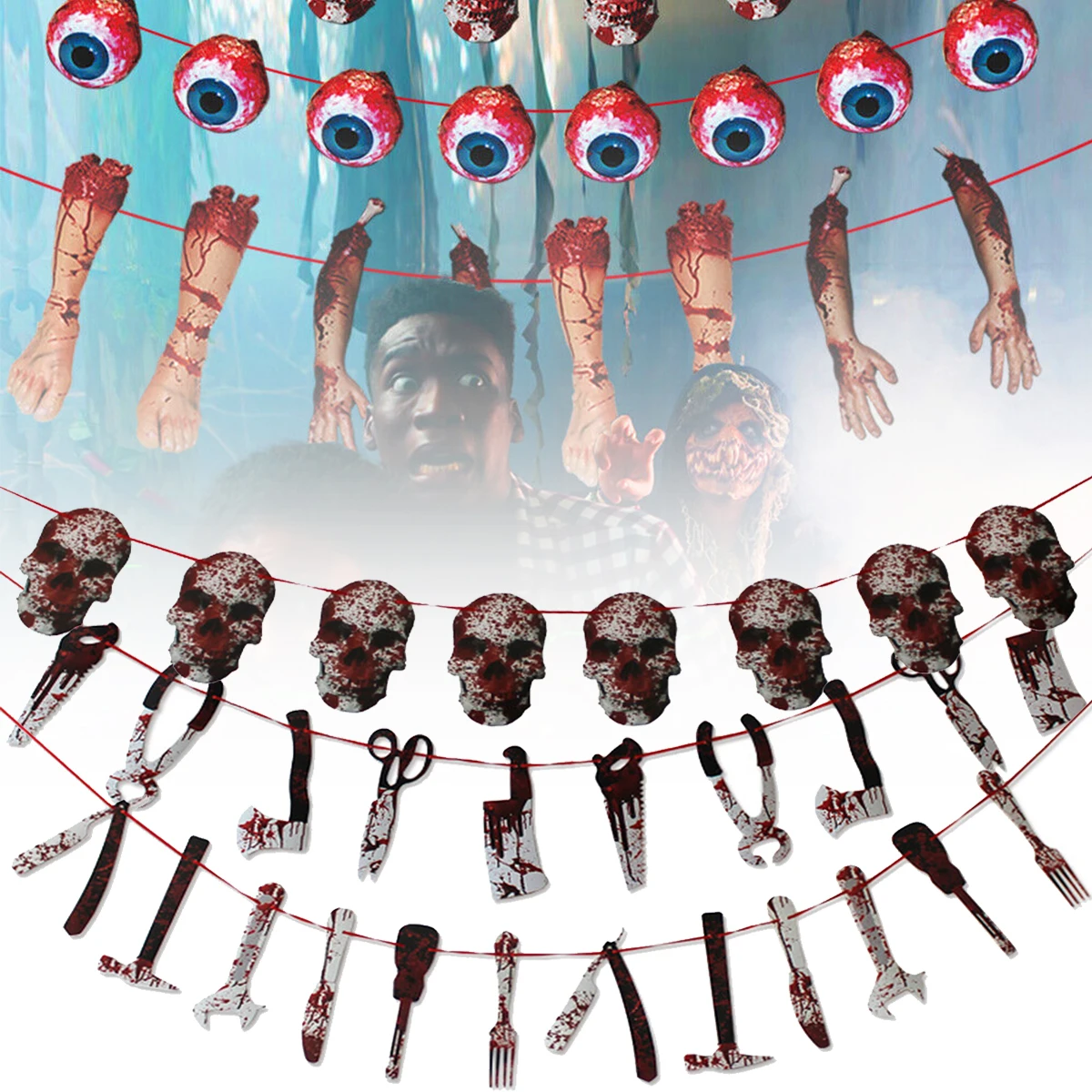 

Halloween Pull Flag Decoration Paper Hand and Foot Knives Skeleton Pull Flag Theme Background Decoration Banner