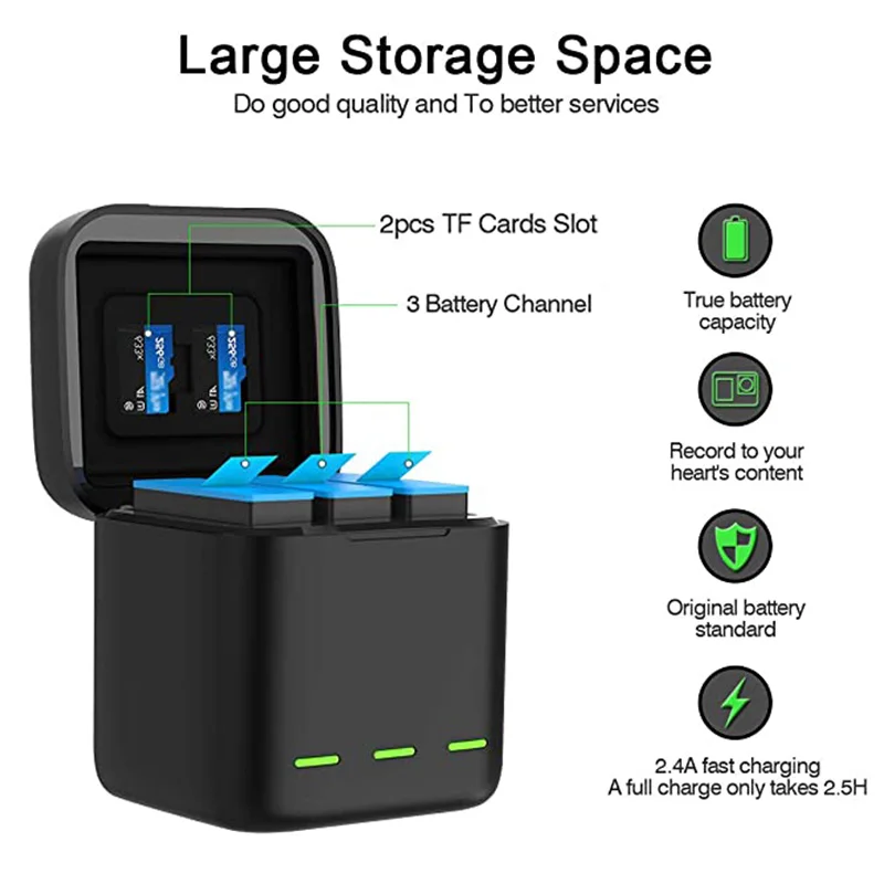 GoPro 10 9 Battery Charger 3 Way Smart Charging Case Rechargeable 1750mAh Battery Storage Box For Go pro Hero 9 10 Accessories