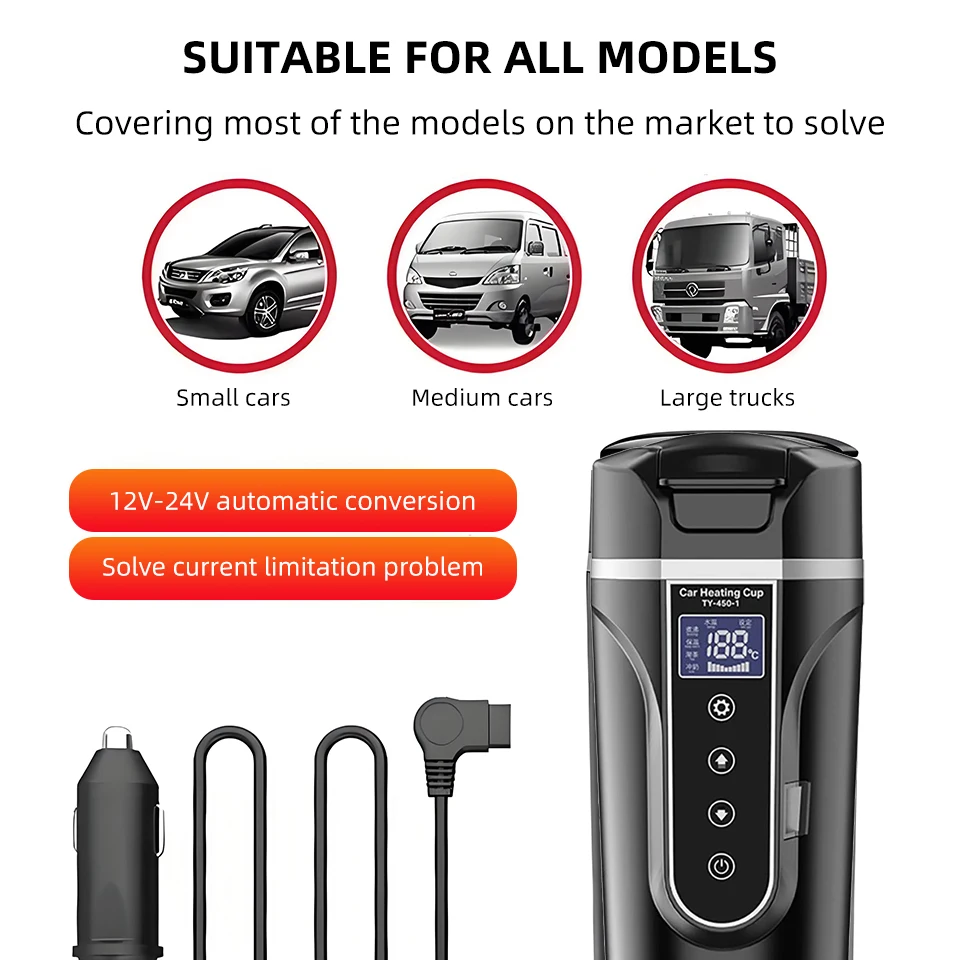 450ml Car Travel Electric Kettle 12V/24V Multi-Temp Adjustment Thermos Cup Large Display Car Heating Cup for Brewing Coffee Tea Electric Kettle Car Heater Mug Beverage Cup