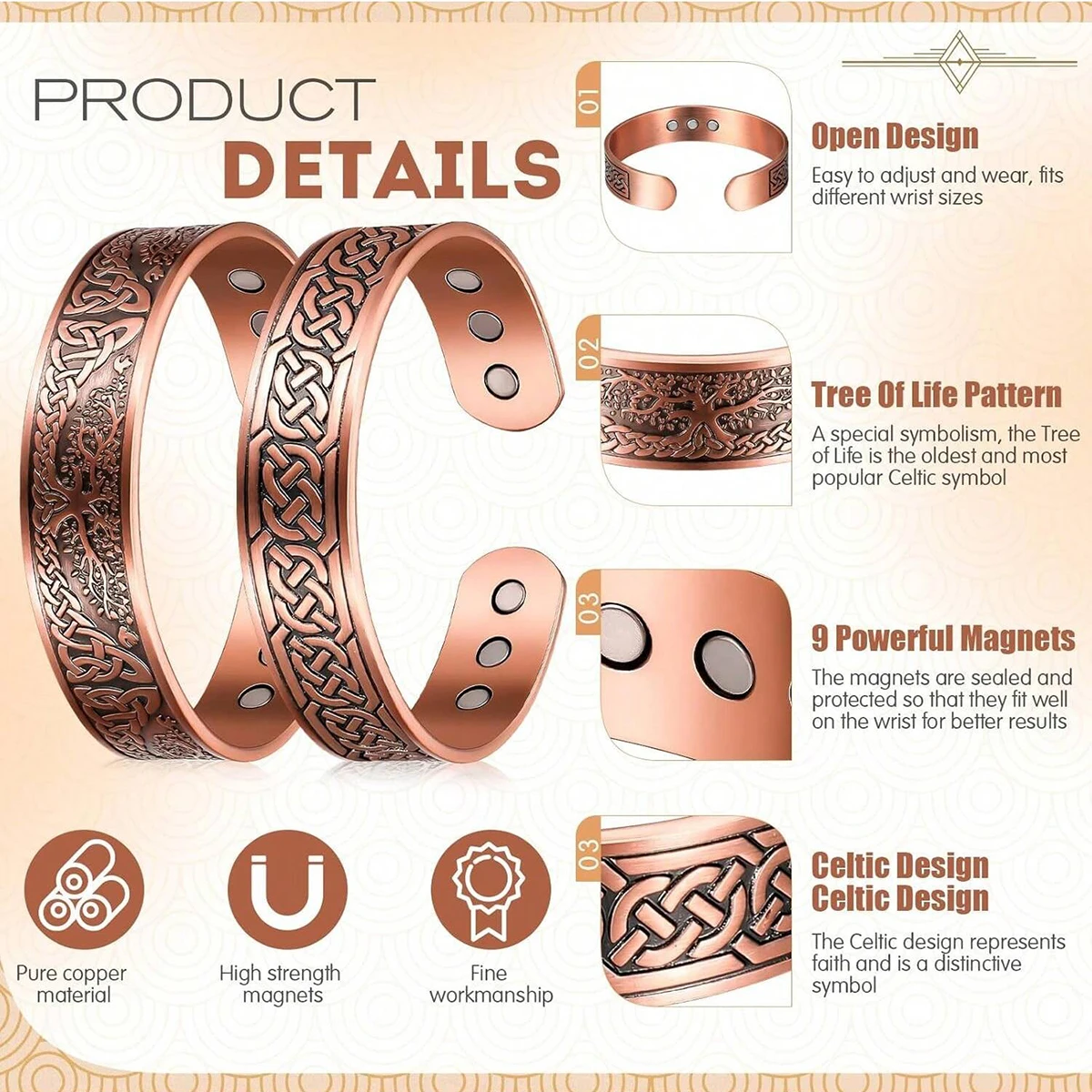 Magnet Retro Bracelet With Life Tree Pattern Arrangement Magnetic Men's Antique Copper