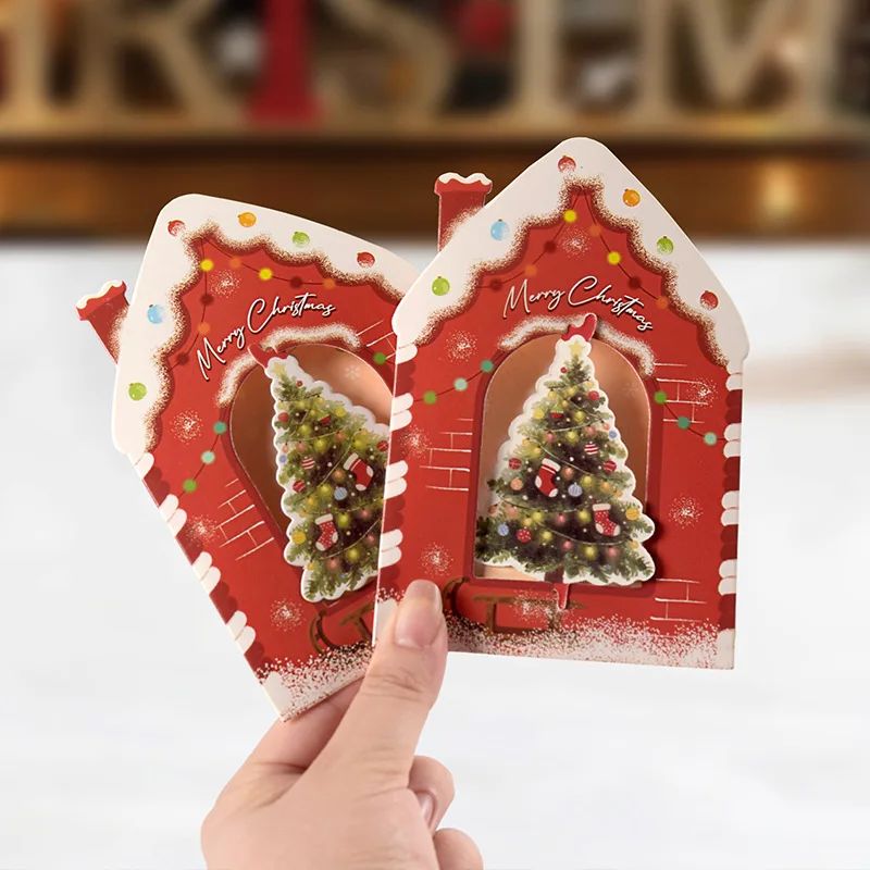 10Pcs 3D Christmas Greeting Card Creative House Shape Postcard Card Merry Christmas Decoration For Home New Year 2026 Gift Cards