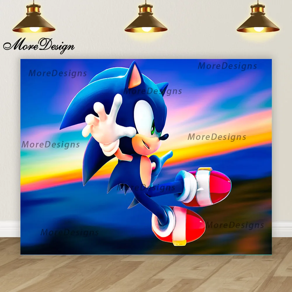 thumbnail image 1 of Banner de cumpleaños de Sonic, fondo fotográfico para niños, decoración para la primera fiesta de niños, fondo de tela de poliéster y vinilo con dibujos animados, 1 of 5