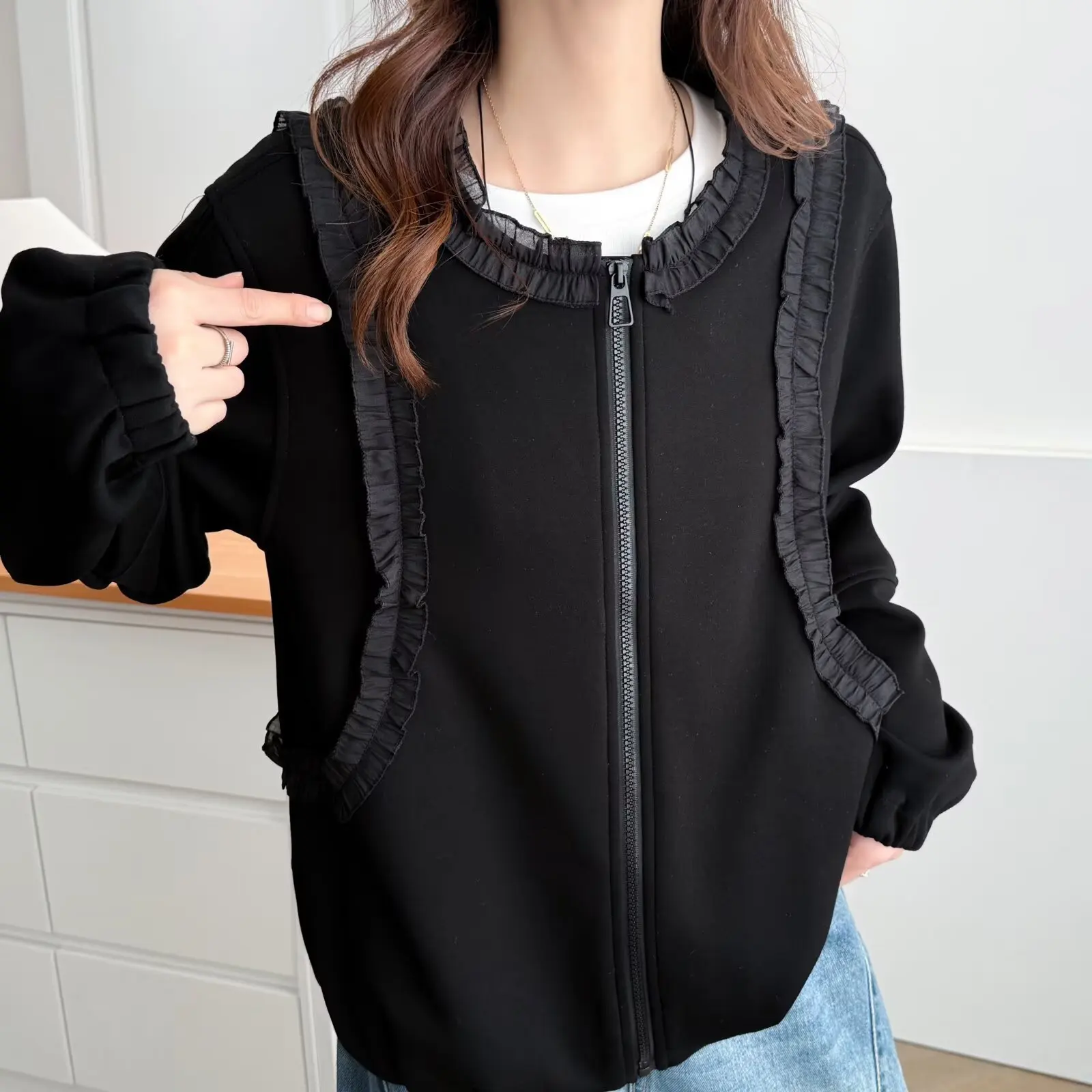 XXXXL Fashion Plus Size Women's Fleece Jacket Autumn And Winter New Korean-style Lace Ruffled Coat 086
