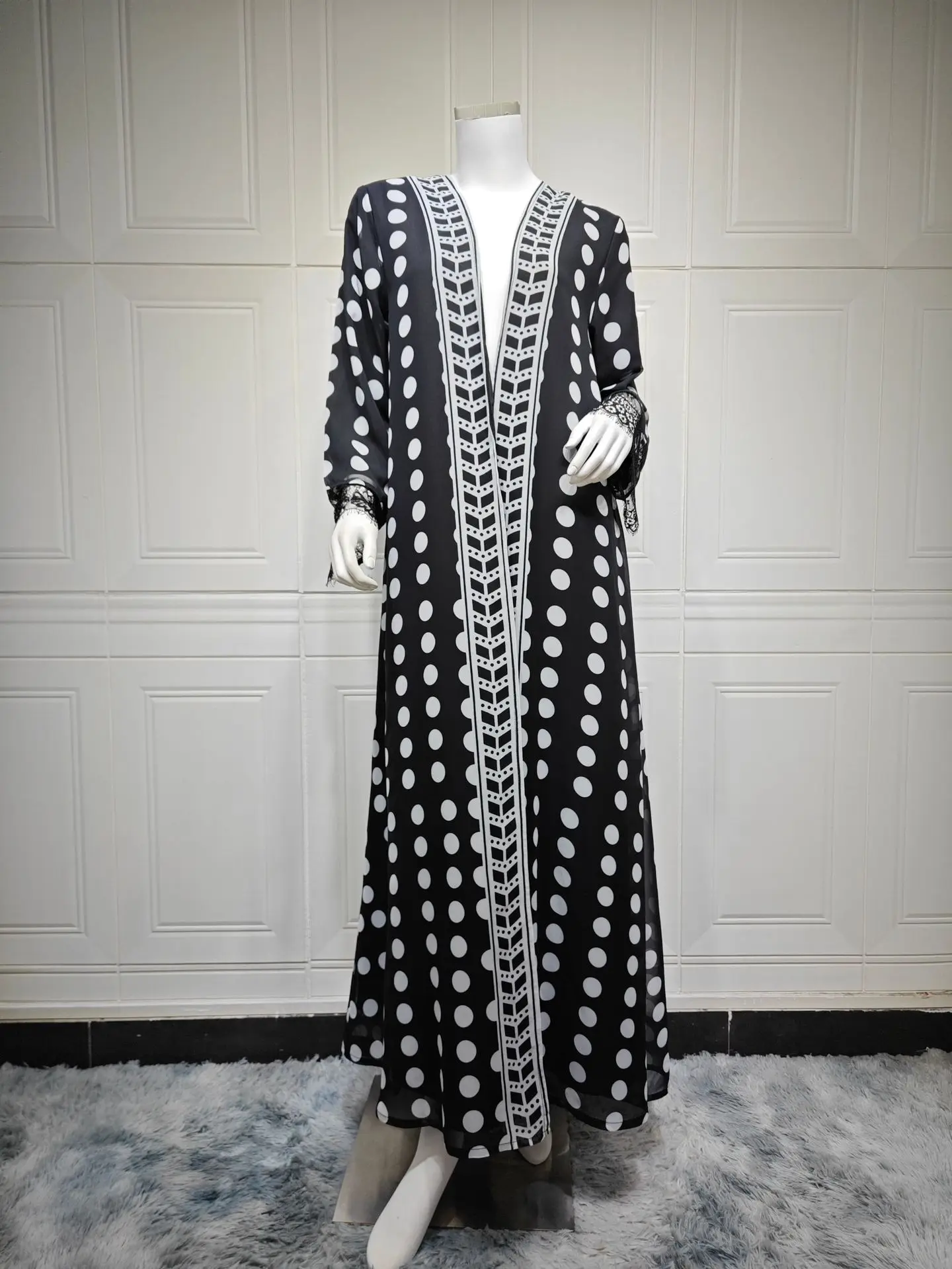 Zahraa New Muslim Polka Dot Printing Chiffon Abaya Fashion Lace Sleeve Hijab Clothing Women Open Kaftan 3