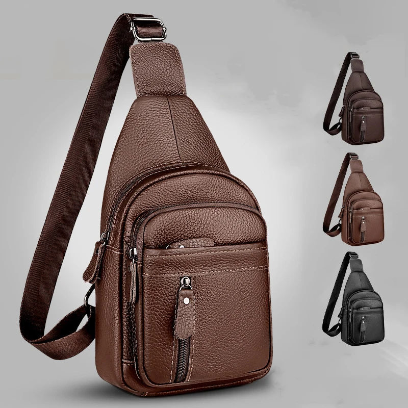 2023 Men Original High Quality Cow Leather Casual Triangle Crossbody Chest Sling Bag Design Travel One Shoulder Bag Daypack Male