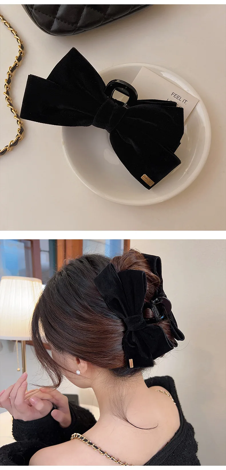 Advanced Texture Velvet Hair Clips Black Double-Sided Bow Shark Clips Women Back Head Hairpin Fashion Barrettes Hair Accessories