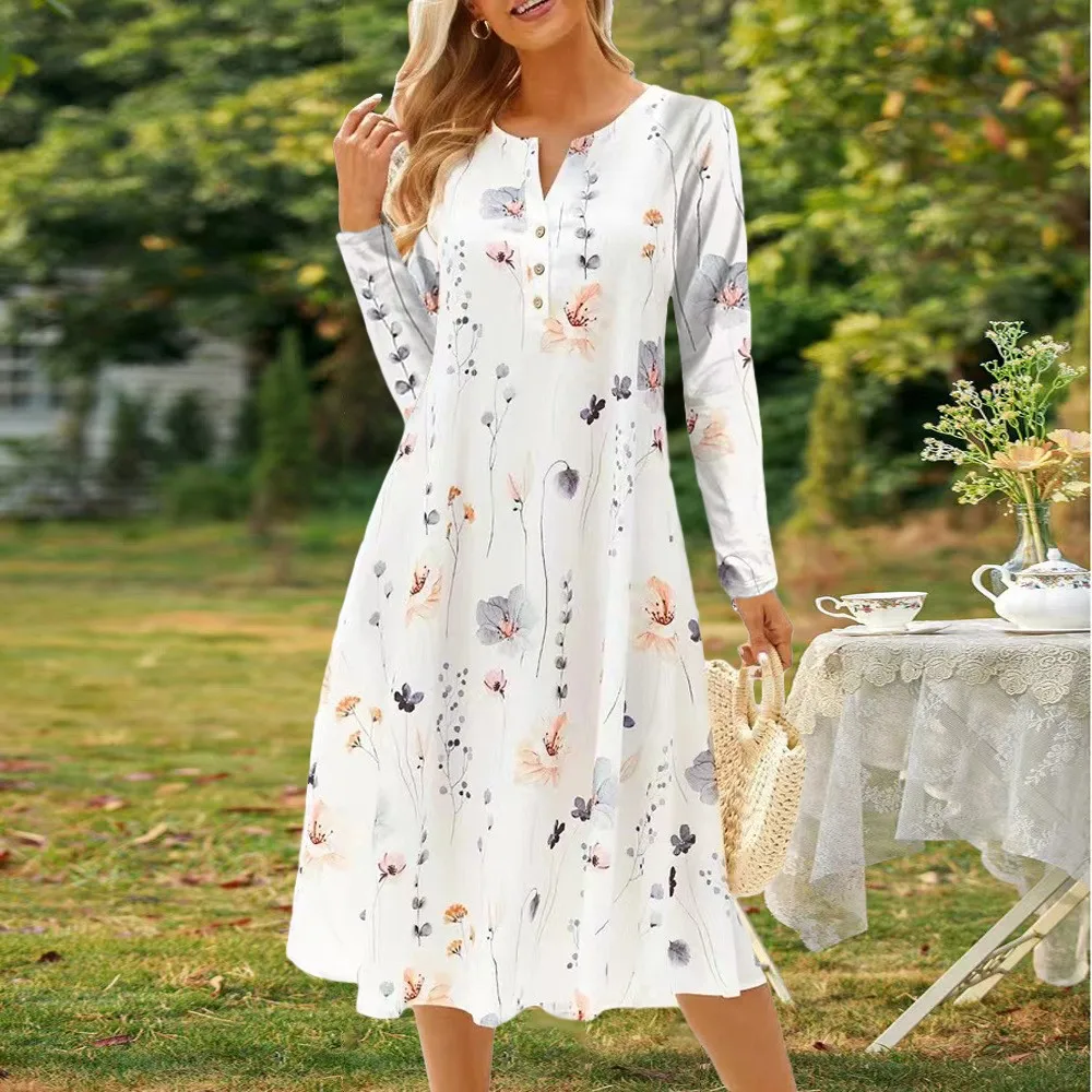 

Vintage Flowers Print Midi Dress Elegant Women Autumn Fashion V Neck Buttons Long Sleeve Beach Dresses For Women Robe Femmal