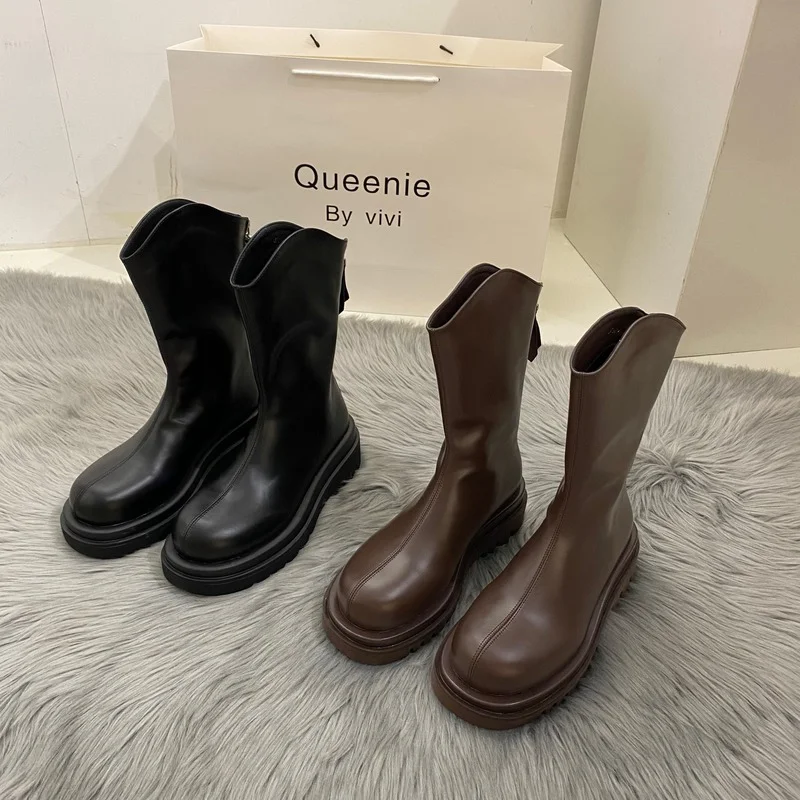 Women Fashion Chelsea Boots Autumn Winter Korean Shoes Soft Leather Platform Shoes Ladies British Chelsea Boots Ankle Knee-high
