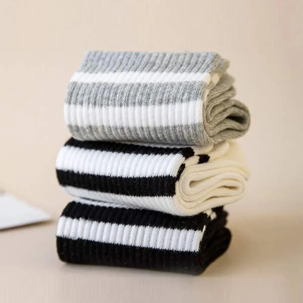 3 Pairs Women's Mid Tube Socks Fashion Breathable Sports Socks Classic Parallel Bar Pattern Sweat Wicking Non Pilling Girl