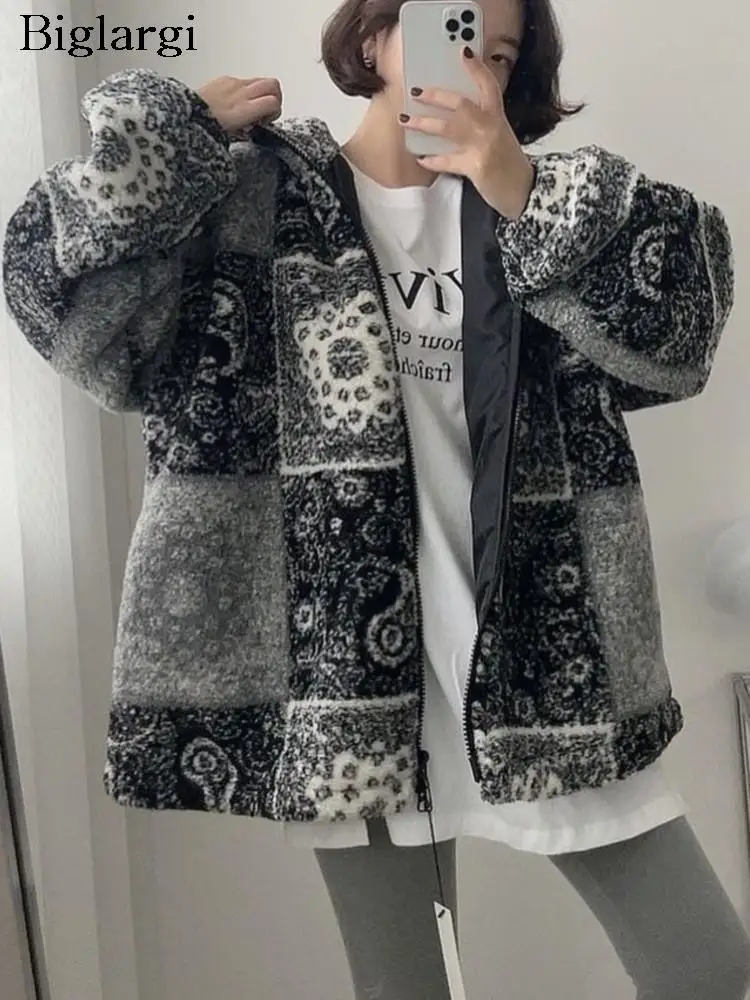 

Autumn Winter Hooded Teddy Furry Coat Women Flared Print Modis Long Sleeve Ladies Jackets Korean Loose Woman Jackets Coats 2023