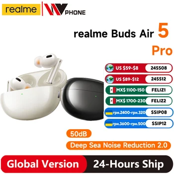 글로벌 버전 Realme 버즈 에어 5 프로 TWS 이어폰, 액티브 노이즈 캔슬링, LDAC 무선 헤드폰, 50dB
