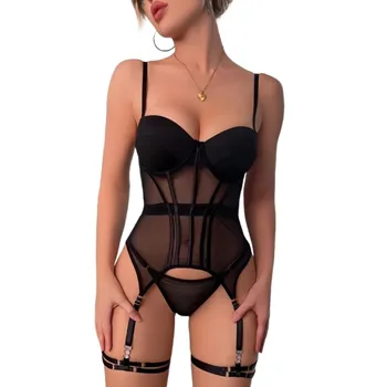 MUZISKAT Mesh  Lingerie Luxury Brand Bodysuit Backless Tops for Women 3 Piece Lingerie Set with Garter Sexydresses for Women