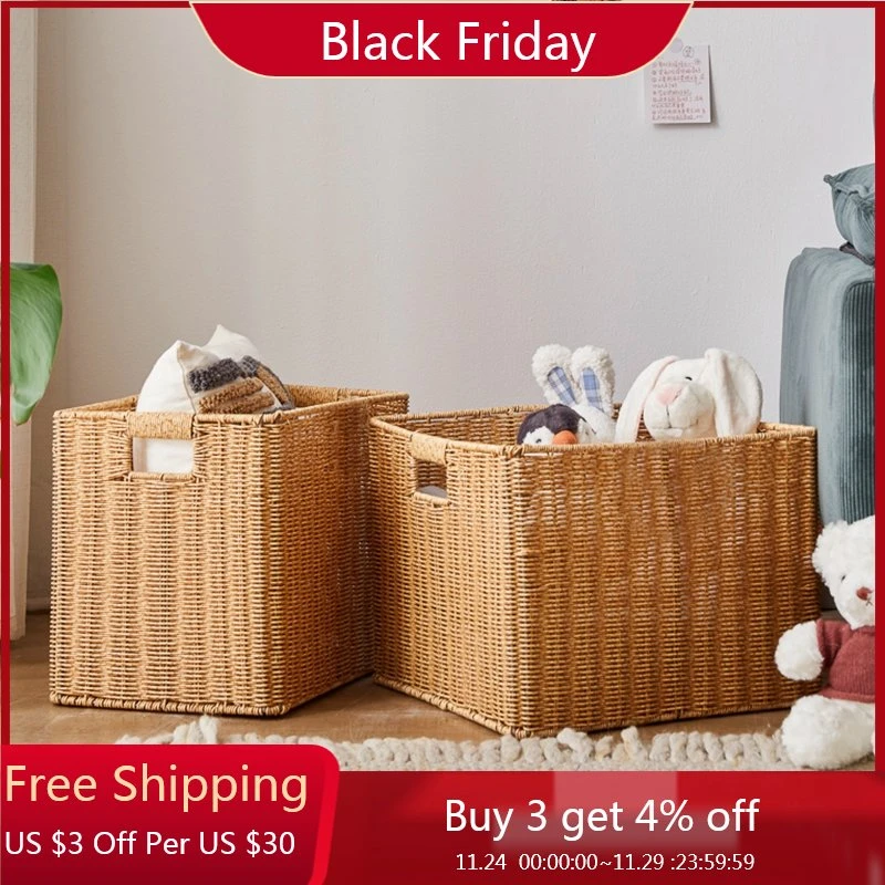 Home Woven Storage Basket Rectangular Woven Basket With Handle Rattan