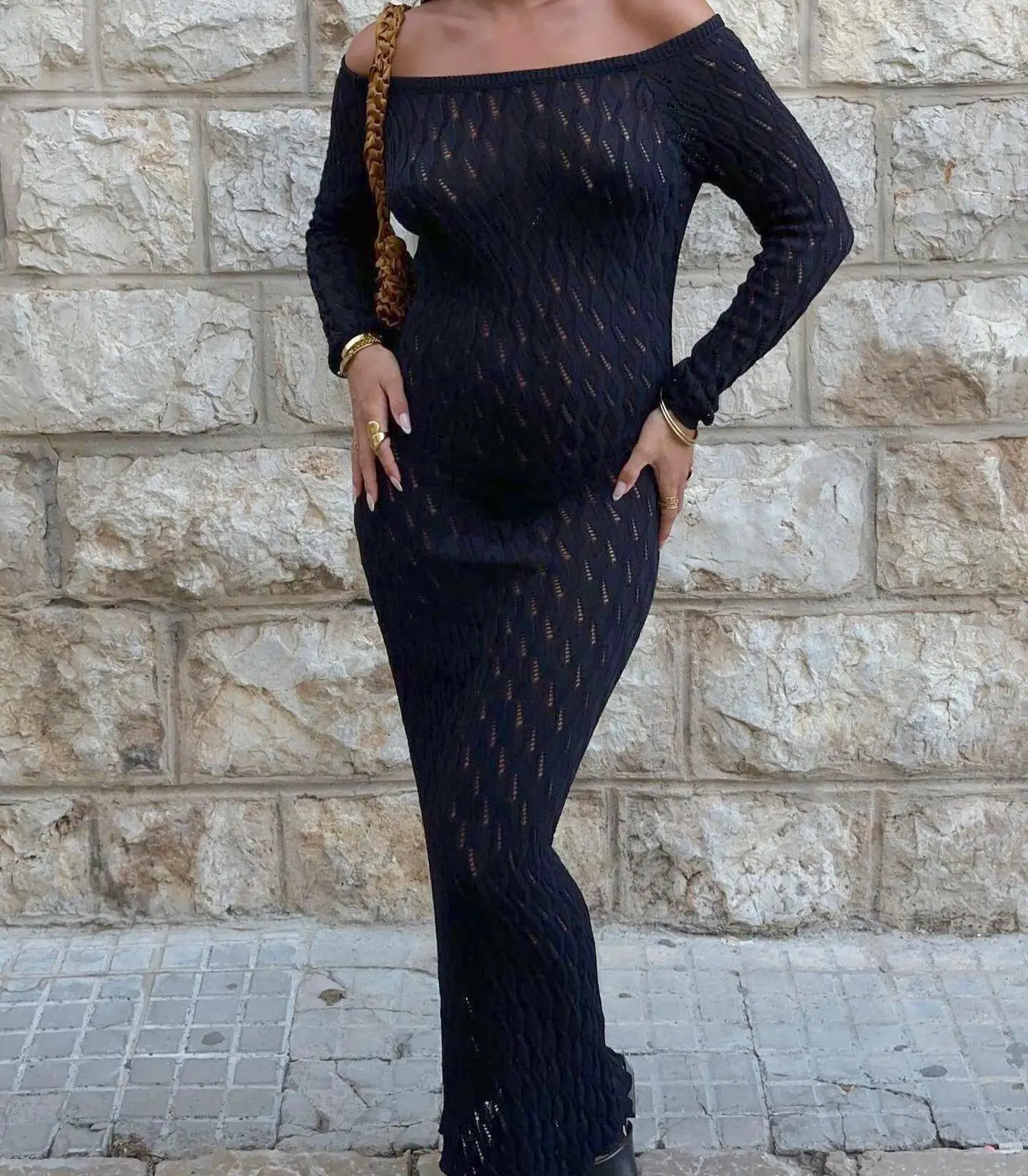 Knit Off-Shoulder Maxi Dress - Patchwork Fashion Hollow Out Knitwear Dress