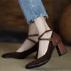 2024 Spring and Autumn New Fashion Square Toe Thick Heel Retro Matte Sexy Trendy Cross Buckle Women's Shoes 1