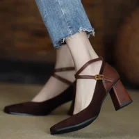 2024 Spring and Autumn New Fashion Square Toe Thick Heel Retro Matte Sexy Trendy Cross Buckle Women's Shoes 1