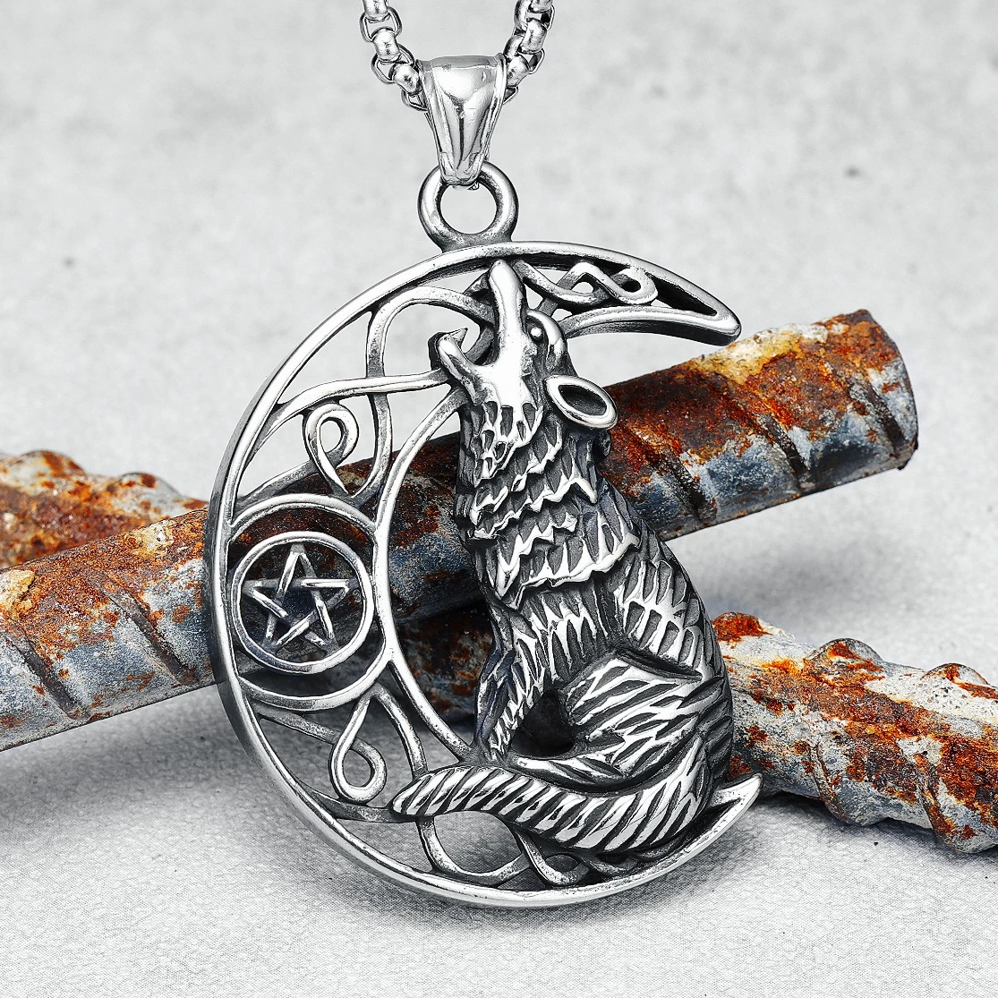Waning Moon Wolf Pendant Necklace Men Chain 316L Stainless Steel Retro Punk Hip Hop Rap For Biker Male Jewelry Gift Dropshipping