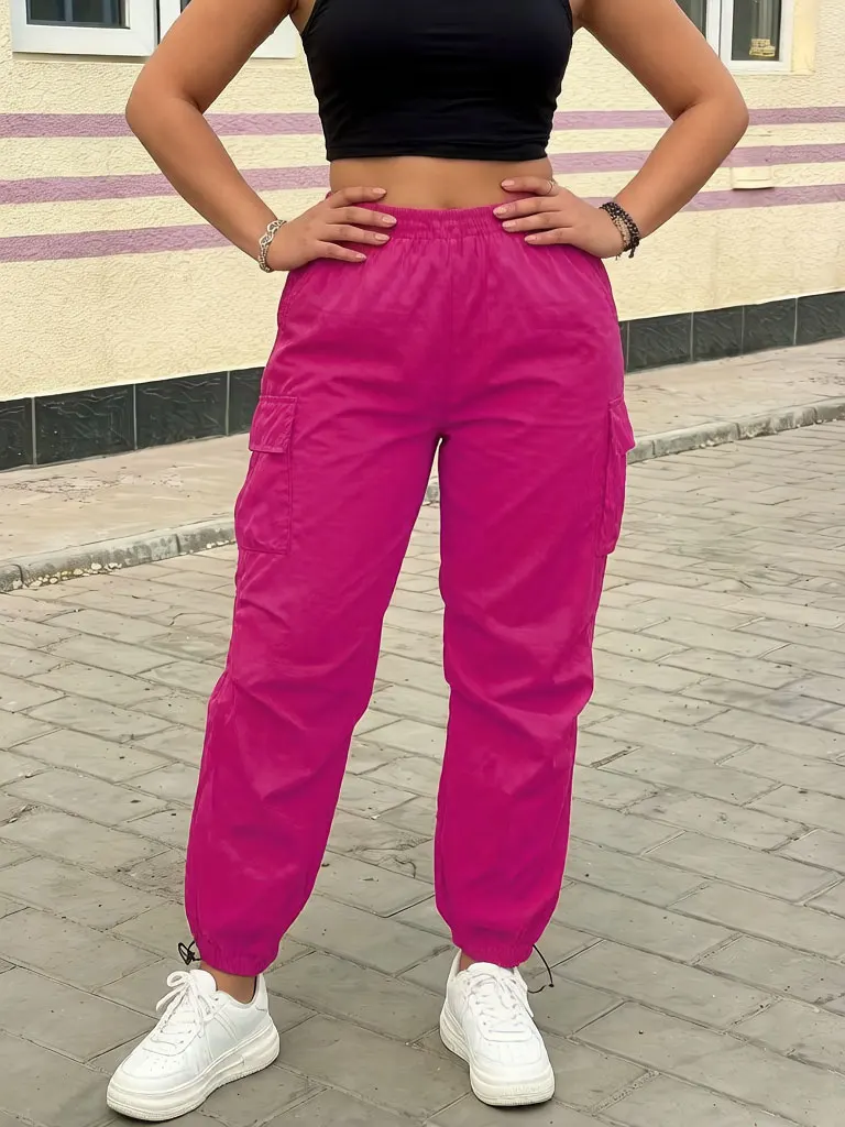 Women's Casual Streetwear Pink Cargo Pants Loose Drawstring Waist Jogger Trousers Plus Size Trendy Spring Summer Fashionable 6