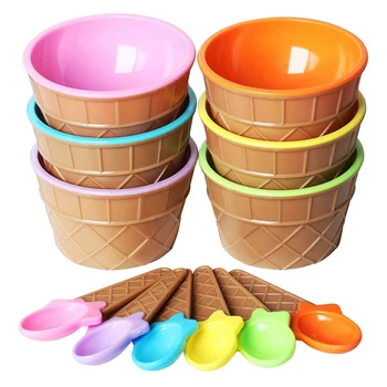 아이스크림 그릇 세트, 다양한 색상 아이스크림 스푼 그릇 식기 세트, 창의적인 어린이 만화 그릇, 6 개