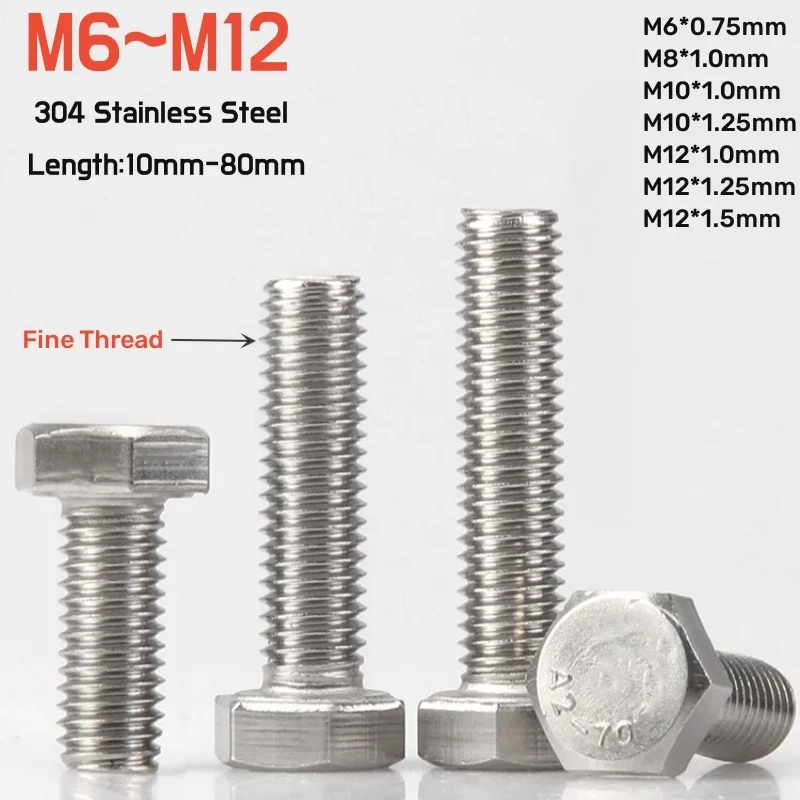 

Наружный шестигранный винт M6M8M10M12 304 из нержавеющей стали с тонкой резьбой, высота болта 0,75/1/1.25/1.5 мм DIN933