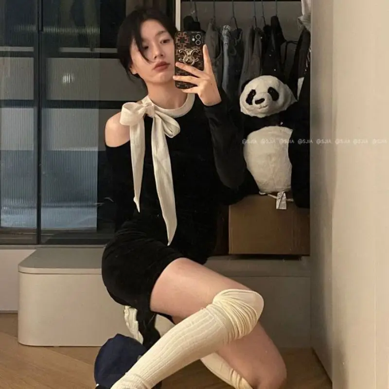 

Daughter Spice Girl Pure Desire Dress Female Autumn Winter Bow Off-shoulder Long Sleeve Slimming Slim Body Wrap Buttock Base Ski
