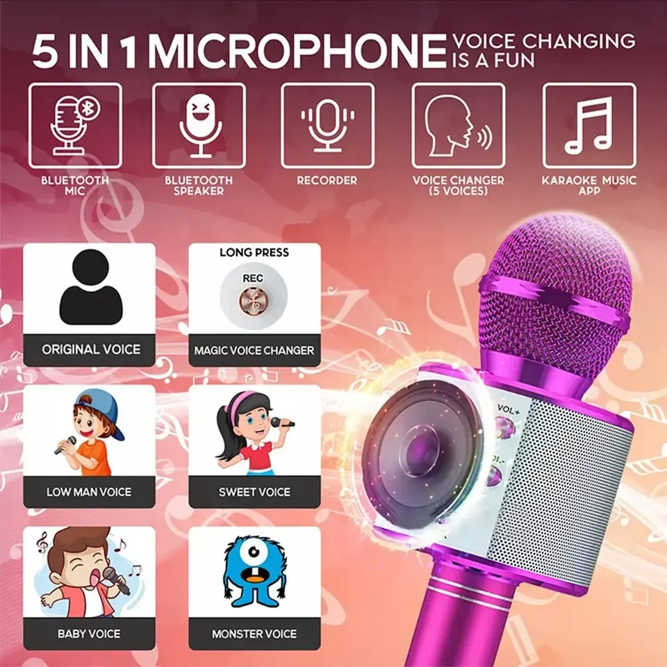 WS858 Professional Handheld Wireless Karaoke Microphone USB Speaker Microphone for Kids Music Player Singing Recorder KTV