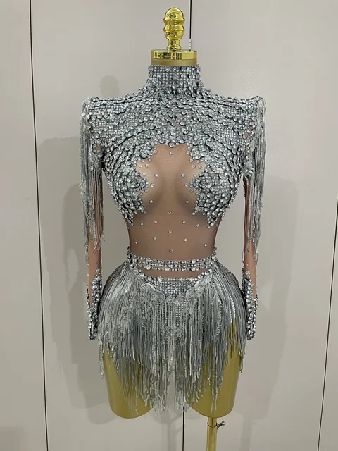 Women Sparkly Rhinestone Sequin Tassel Stretch Bodysuits 2025 New Arrival Birthday Party Nightclub Dj Stage Performance Costume