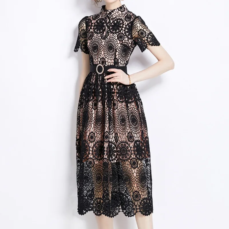 

Vintage Black Lace Women Dress with Sashes O-neck Runway Design Elegant Vestidos Hollow Out Short Sleeve Party Women's Clothing