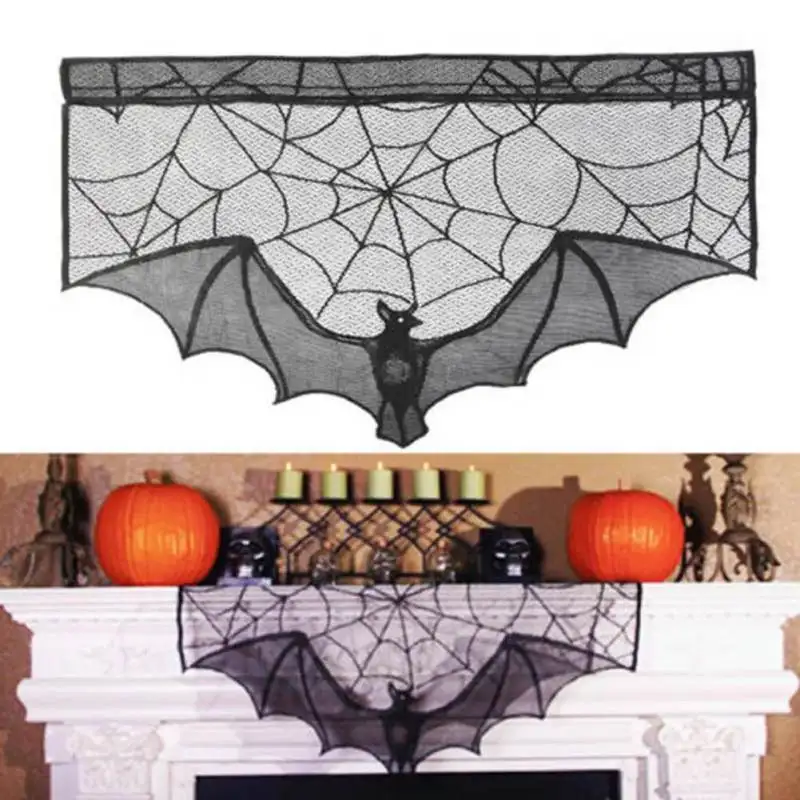 

Halloween Curtains Black Bats Halloween Lace Window Curtain Spooky Mesh Door Curtain Panel Fireplace Decoration Cover