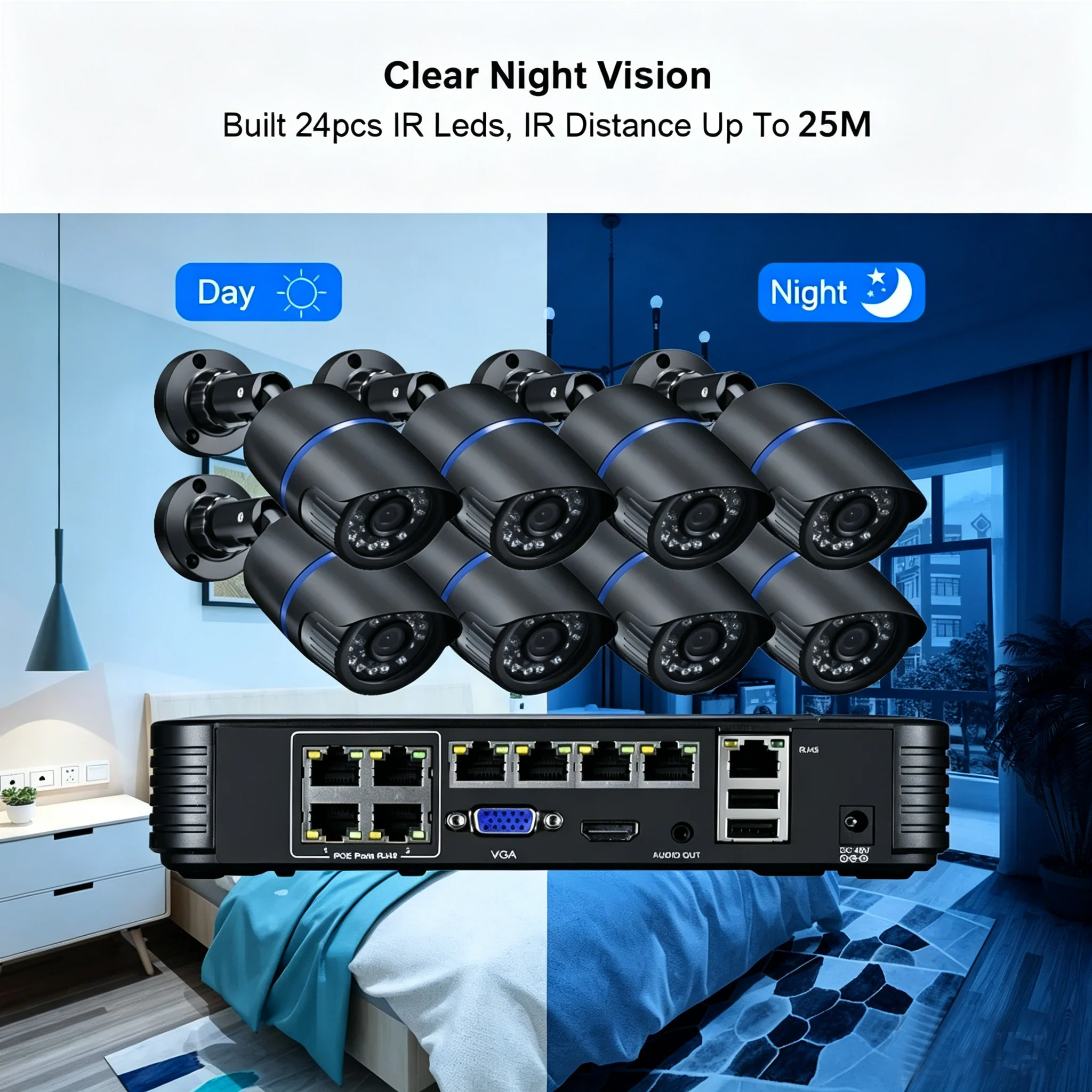 8CH 4CH 8MP POE NVR AI 보안 카메라 시스템 키트 H.265 4MP 5MP 오디오 지원 야외 야간 투시 IP 카메라 홈 비디오 감시 세트
