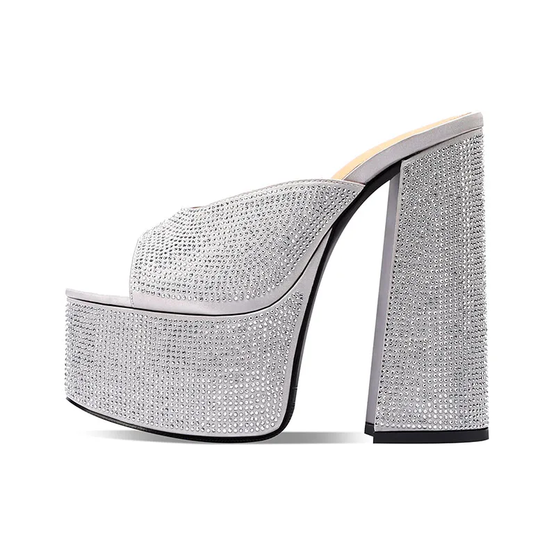 

Arden Furtado 2023 Summer Chunky heels Elegant Silk Round toe Fish mouth Platform High-heeled Crystal Word slippers