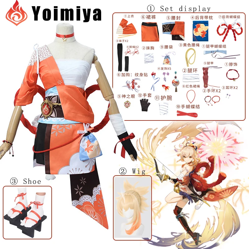 

Anime Game Genshin Impact Simulation Scalp Yoimiya Cosplay Wig Shoes Full Set Cosplay Costume Girl Halloween Party Women Girl