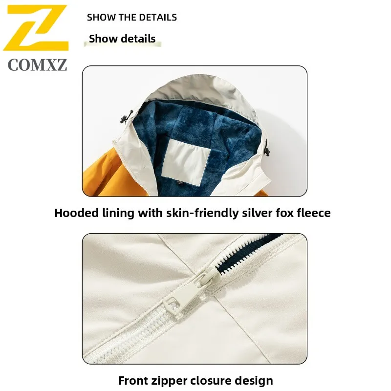 COMXZ 2025 Winter New Couple Gathered Sleeve Seam Fleece Lined Jacket Versatile Workwear Outdoor Waterproof Big Size Plush Coat