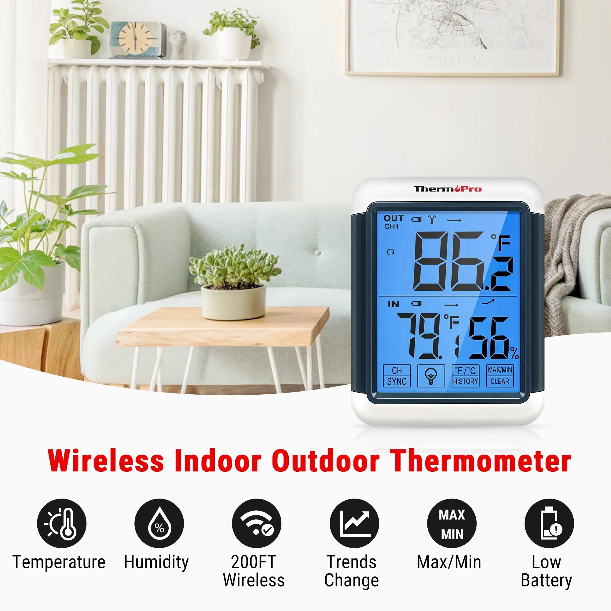 ThermoPro TP65S 실내 및 실외 온도 및 습도 모니터, 백라이트 기능 기상 관측소