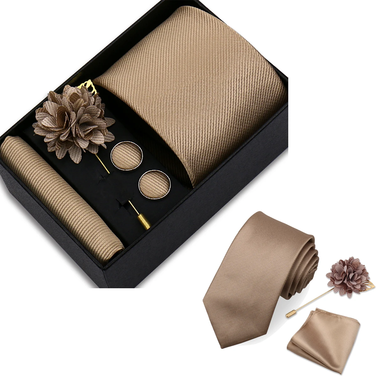 Solid Color Tie Set for Men Flower Pin Necktie Hanky Cufflinks Brooch Set Neck Buckles Flower Lapel