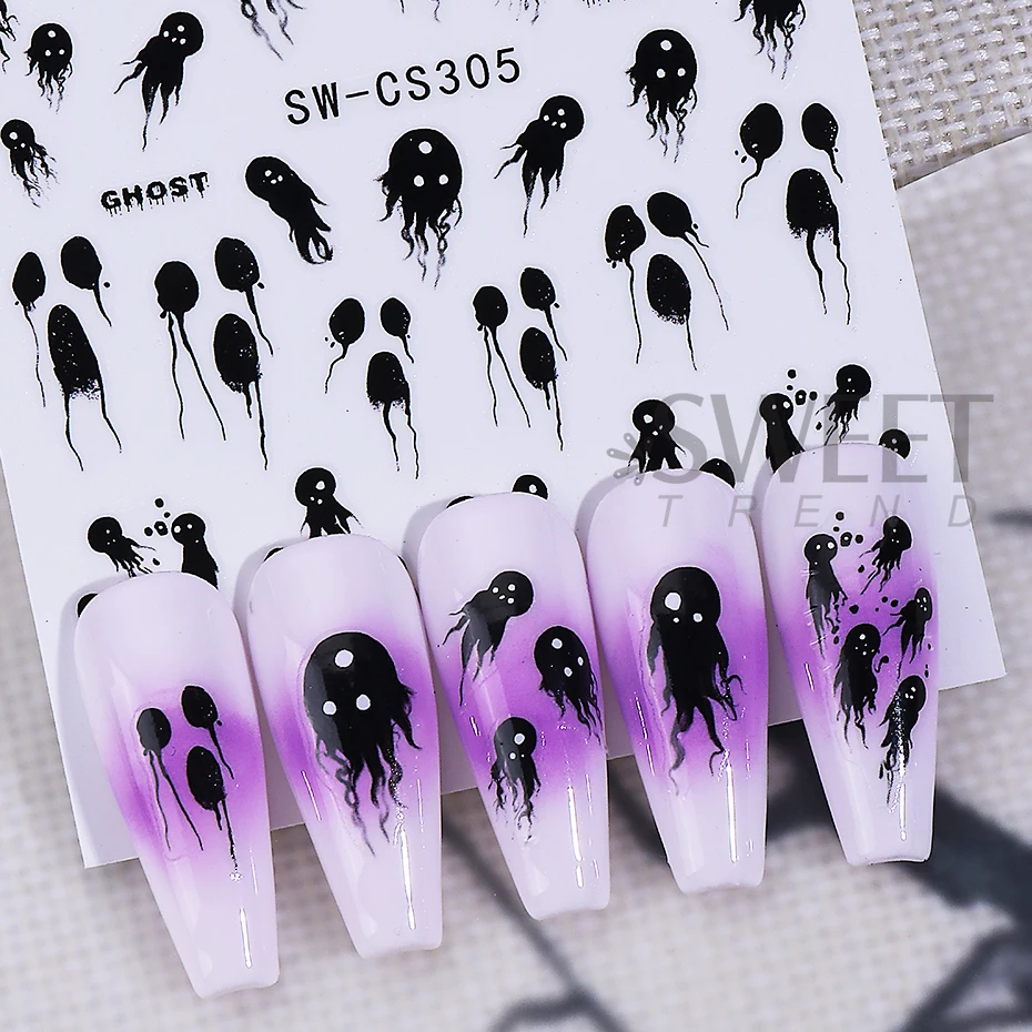2pcs Halloween Nail Stickers Cartoon Black Ghost Pumpkin pattern Self-Adhesive Nail Decals DIY Charms Slider Manicure Decoration