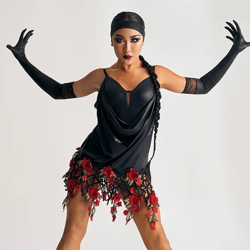 

Женское платье для латиноамериканских танцев, откровенное сценическое платье с воротником-стойкой и розами