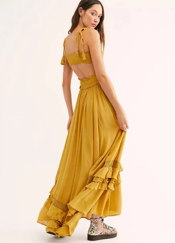 2023 Summer Beach Dress Sleeveless Cotton Maxi Dresses Boho Style Solid Color Lace Ruffled Sundress Mujer Vestidos